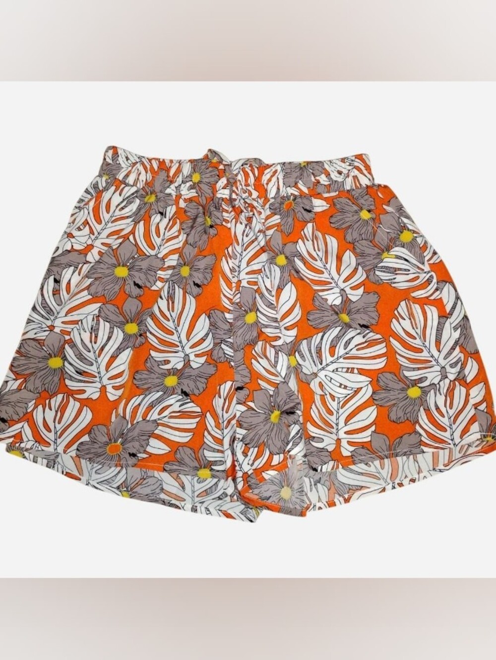 Tropical Monstera Floral Print Drawstring Shorts - Orange & Grey, Size Small